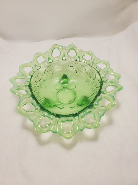Antique Green Northwood Opalescent Pierced Perimeter Shell and Wild Rose Pattern Bowl