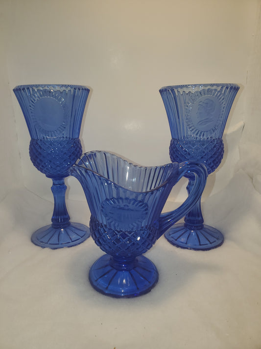 Bicentennial George and Martha Washington Cobalt Blue Vintage Avon Fostoria Goblets set of 3