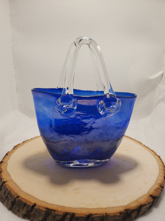 Cobalt Blue Handblown Glass Handbag with Clear Handles