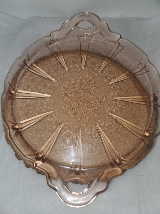 Cherry Blossom Pink Depression Vintage Glass Cake Plate by Jeanette